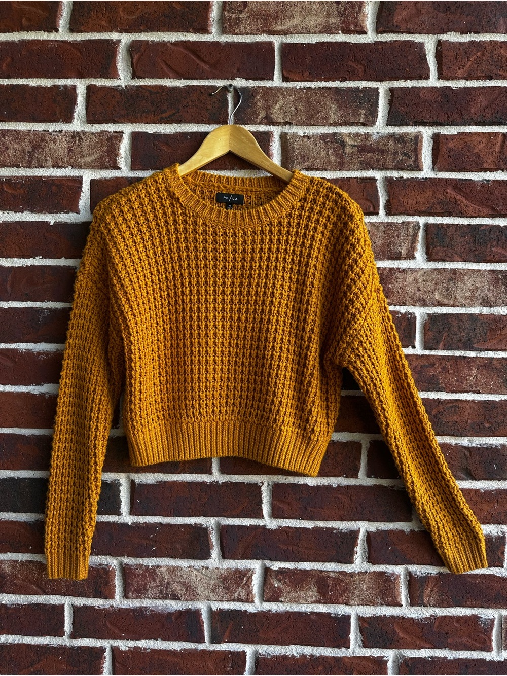 Women's Mustard Cropped Waffle-Knit Crew Sweater